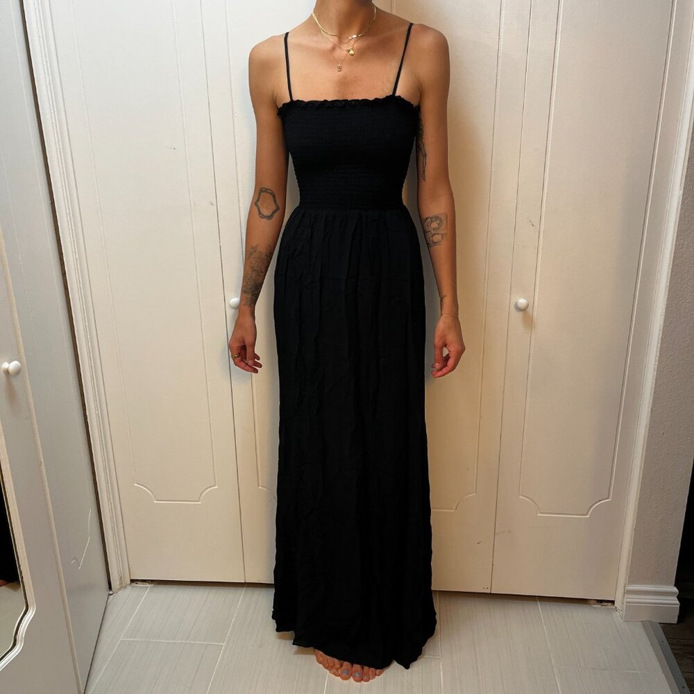 Reformation Black Smocked Bodice Maxi Formal Dress